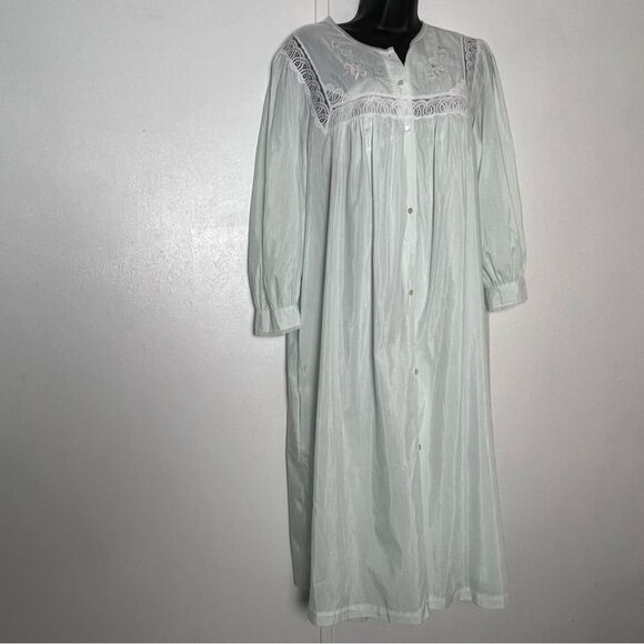 Vtg Barbizon 2 Pc Set Batiste Nightgown Robe Lace Embroidered Mint Green Gown L